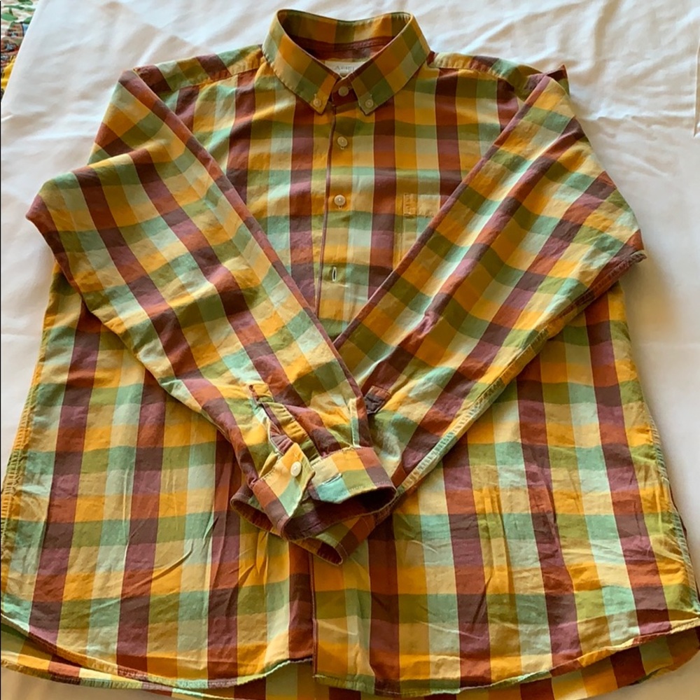 Afield long sleeve tan burgundy button up shirt